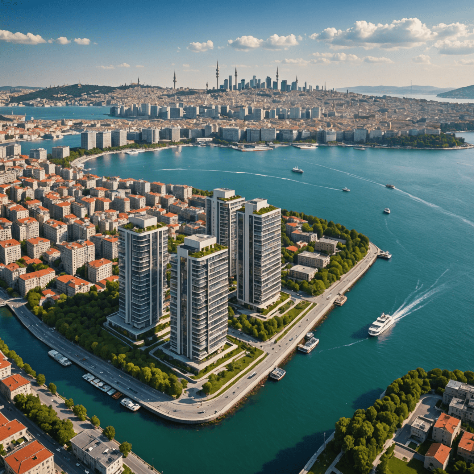 İstanbul'da modern binalar ve Boğaz manzarası, Türkiye'de gayrimenkul yatırımını temsil ediyor