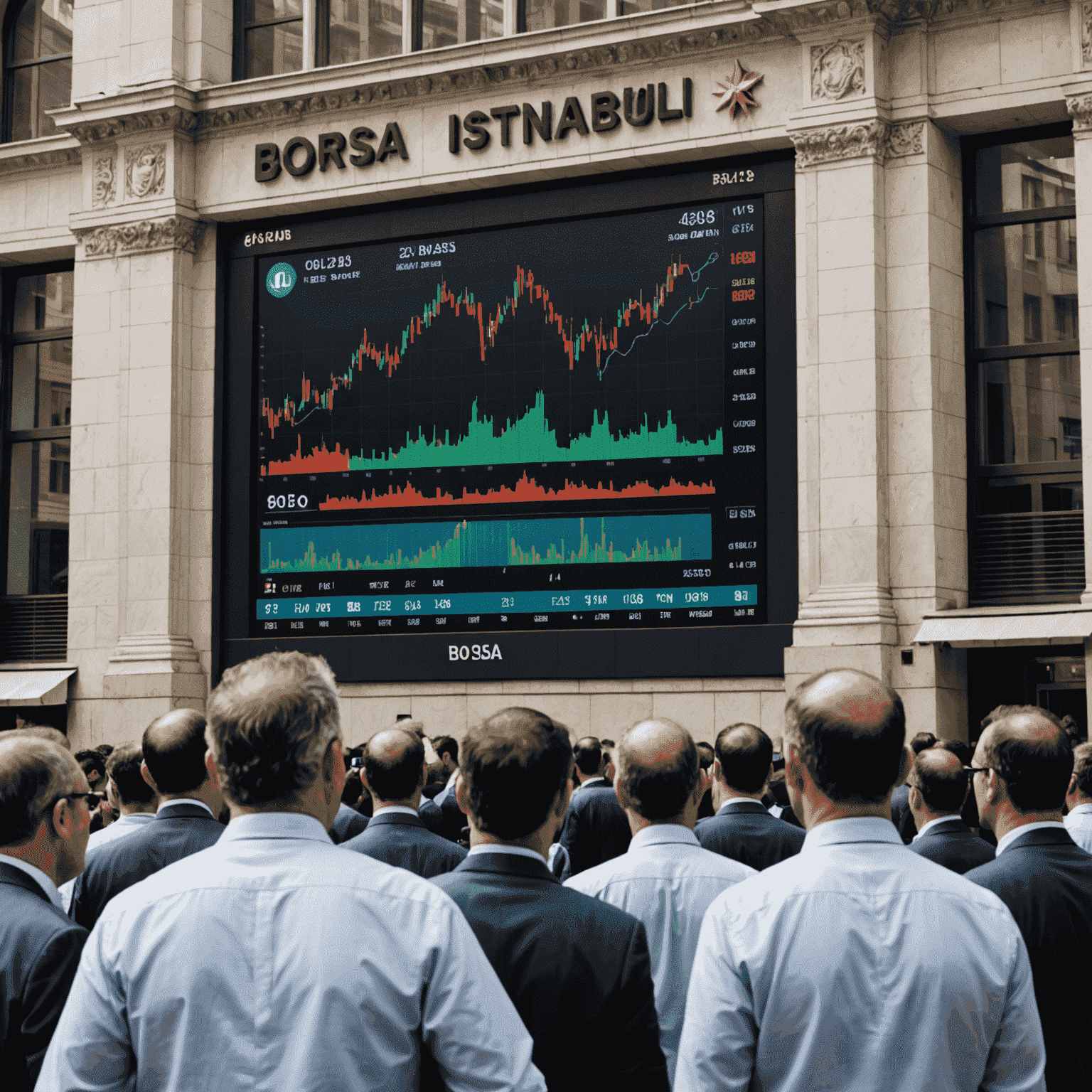 Borsa İstanbul binası önünde işlem gören yatırımcılar ve elektronik ekranlarda hisse senedi fiyatları