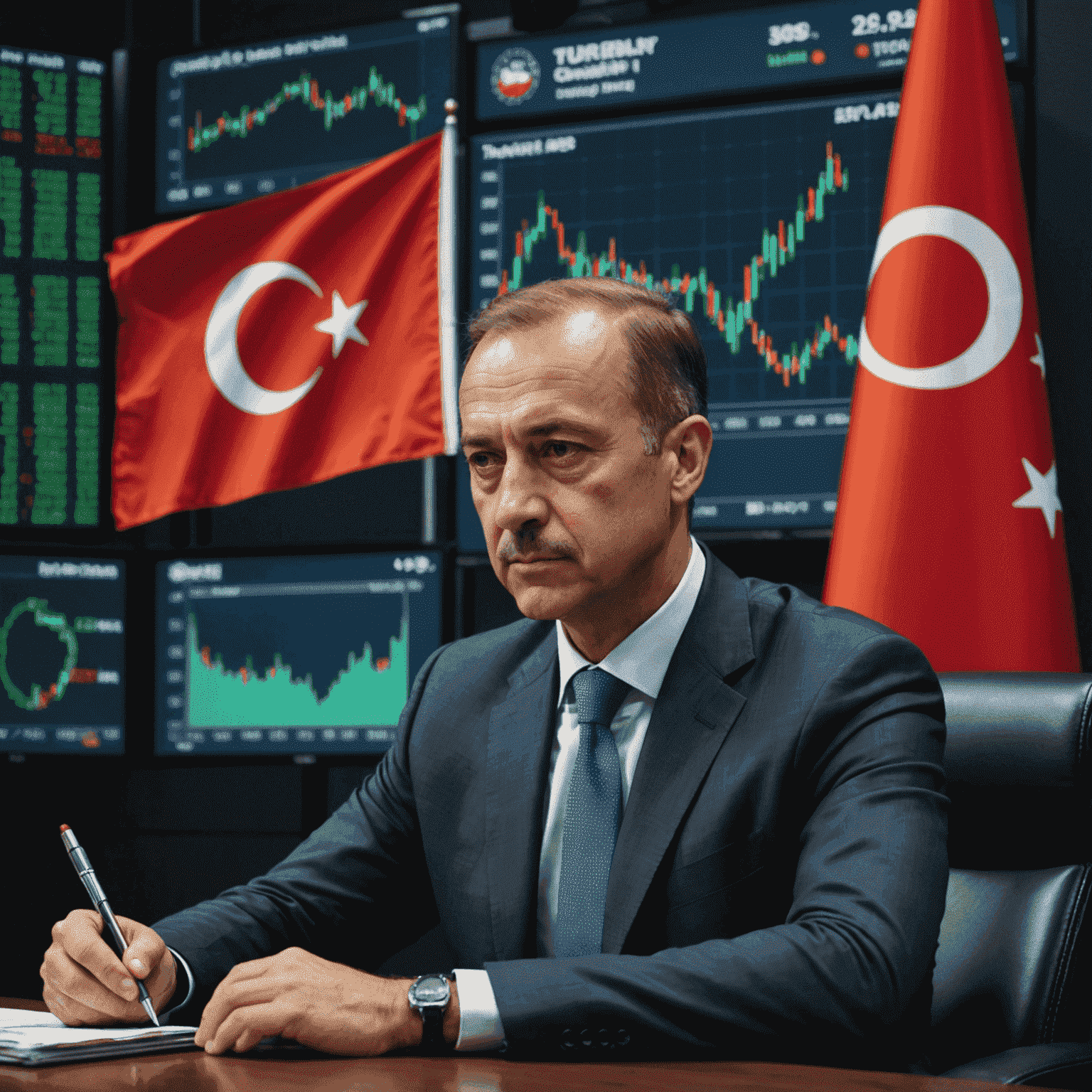 Türkiye'de yatırım yapan yabancı bir kişinin, finansal grafikler ve Türk bayrağı önünde düşünceli bir şekilde oturduğunu gösteren görsel