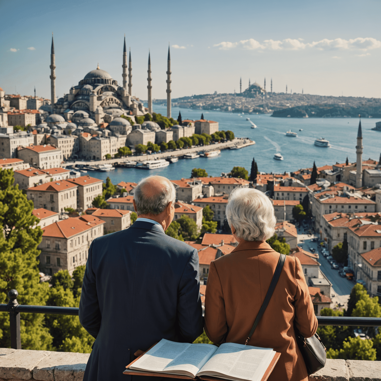 Türkiye'de emeklilik planlaması yapan mutlu bir çift, arka planda İstanbul manzarası