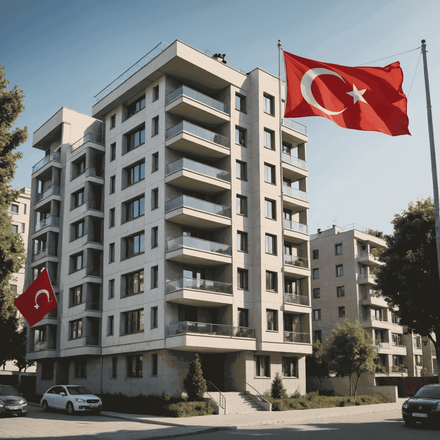 Türkiye'de gayrimenkul yatırımını temsil eden resim. Modern bir apartman binası, Türk bayrağı ve bir yatırım grafiği içeren görsel.