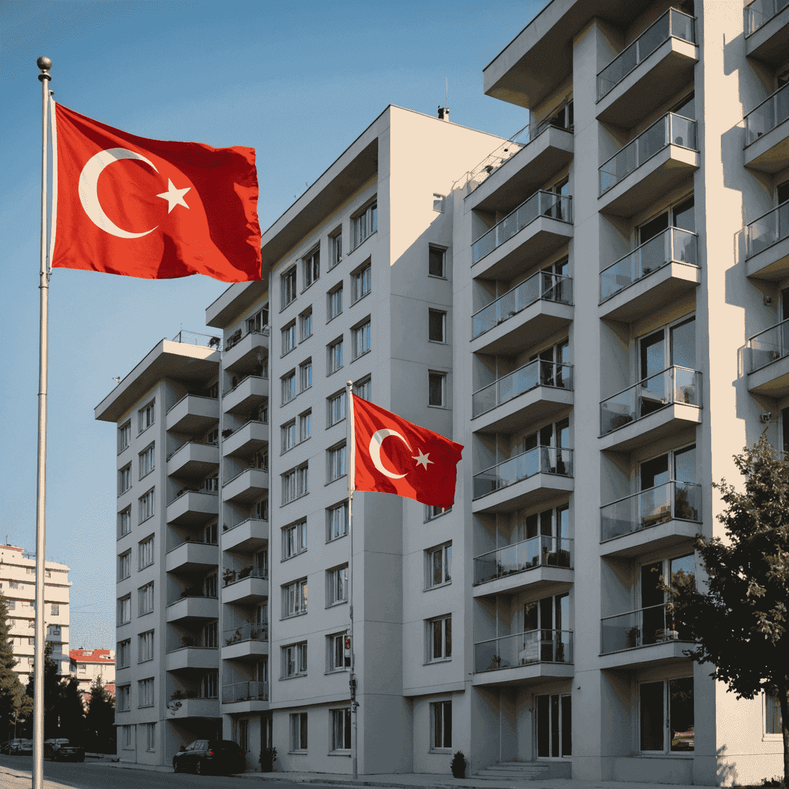 Türkiye'de gayrimenkul yatırımını temsil eden resim. Modern bir apartman binası, Türk bayrağı ve bir yatırım grafiği içeren kompozisyon.