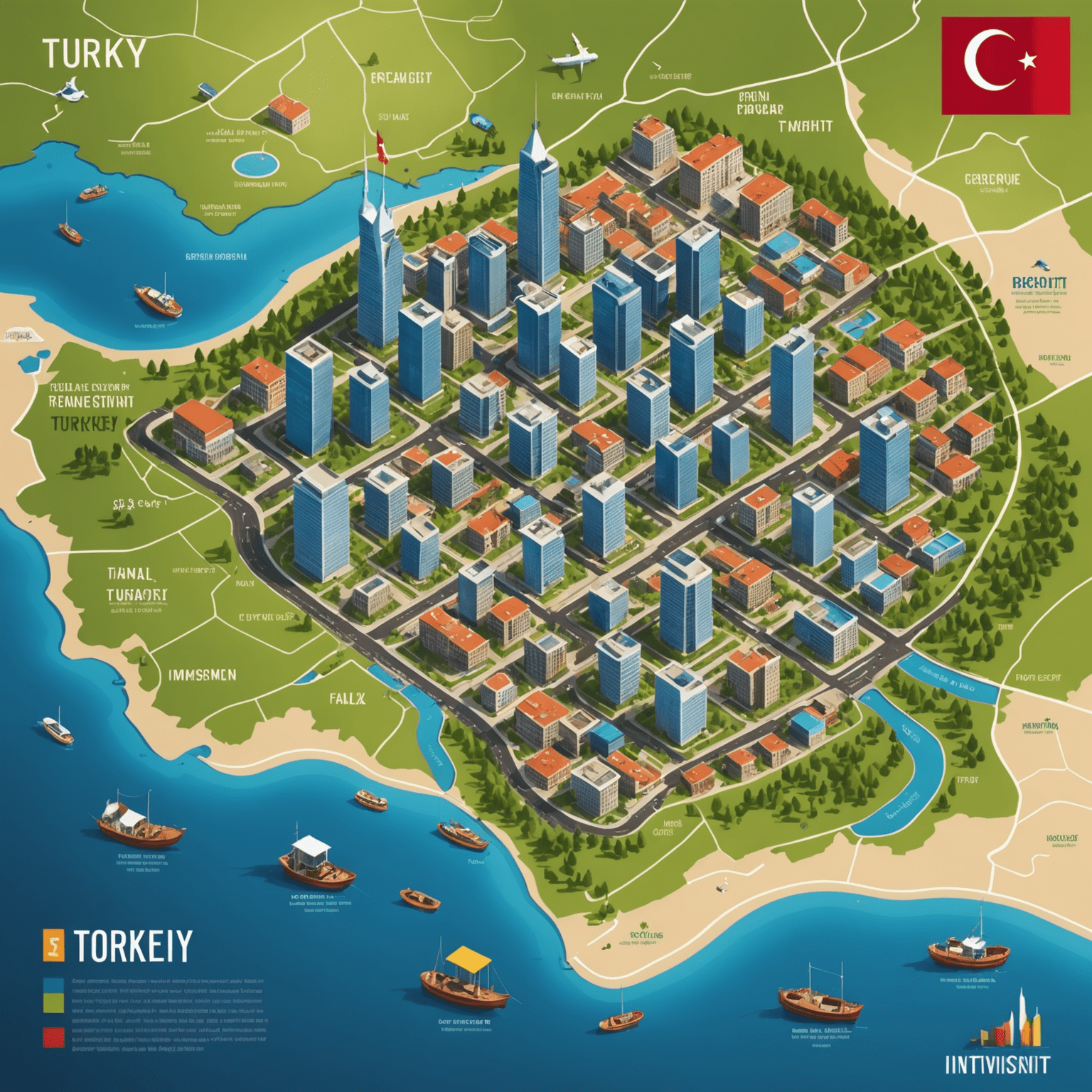 Türkiye haritası üzerinde farklı şehirlerde gayrimenkul yatırım fırsatlarını gösteren infografik